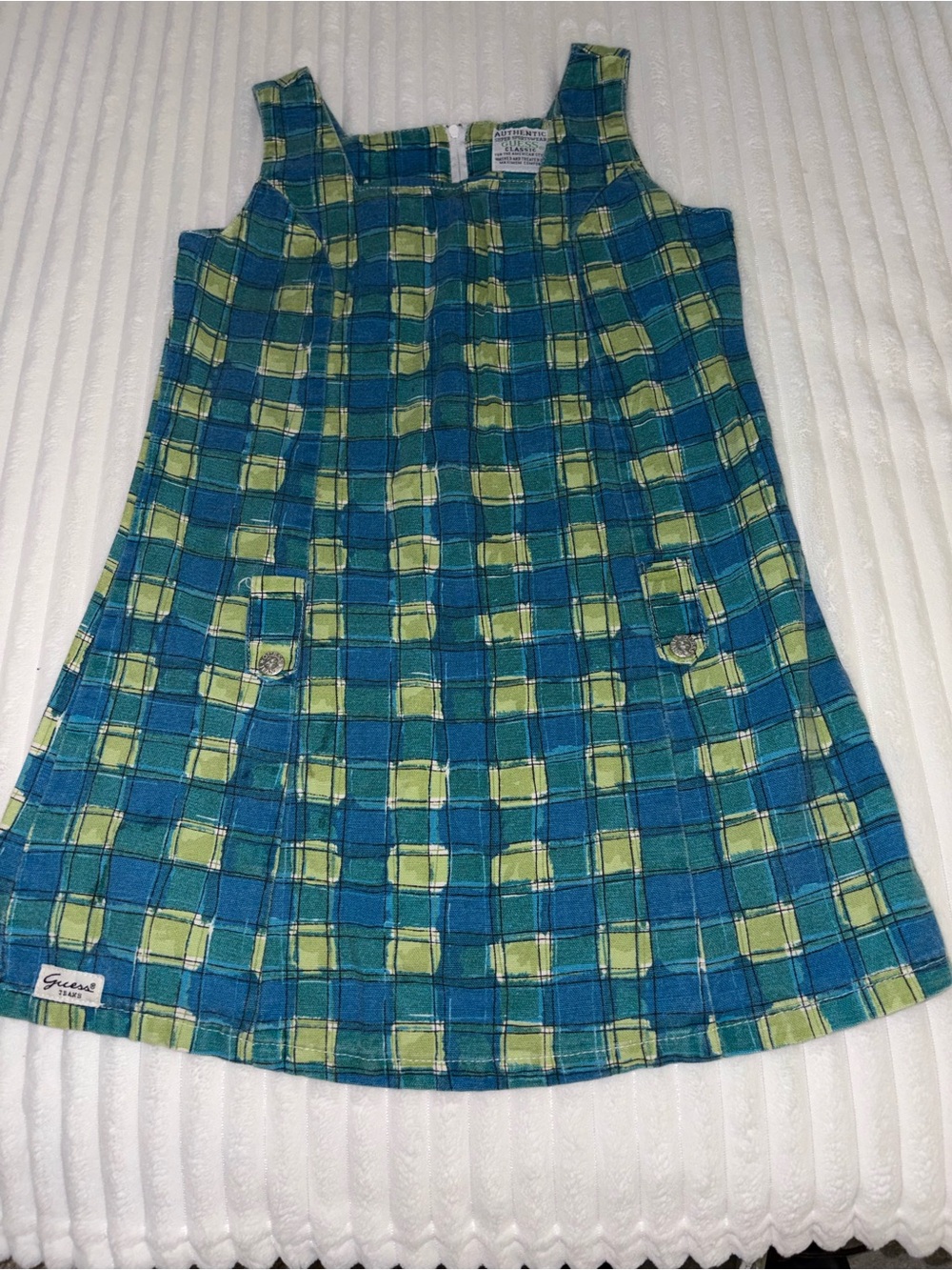 Vintage Guess Plaid Sleeveless Shift Jumper Dress in Teal and Lime Girls Size 12